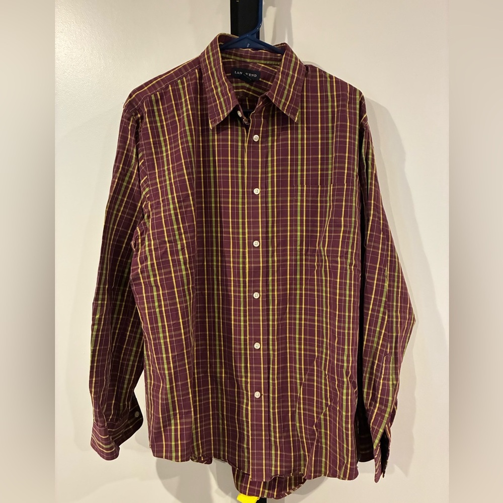 Lands' End Men's Casual Plaid Shirt - Burgundy, gold and green 16.5/35